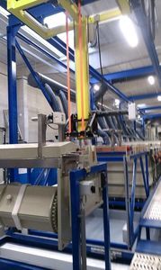 Automatic double-row galvanic line for decorative plating of parts mounted on hinges or drums